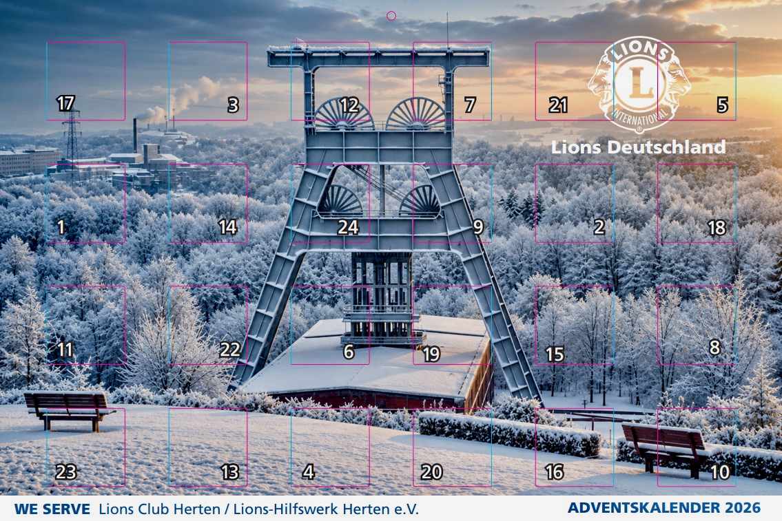 Das Motiv des Lions Club Herten Adventskalender 2026 zeigt den Förderturm von Zeche Ewald von Blickpunkt Halde Hoheward. Das Motiv ist Winterlich mit viel Schnee. Im Hintergrund sieht man schneebedeckte Bäume.