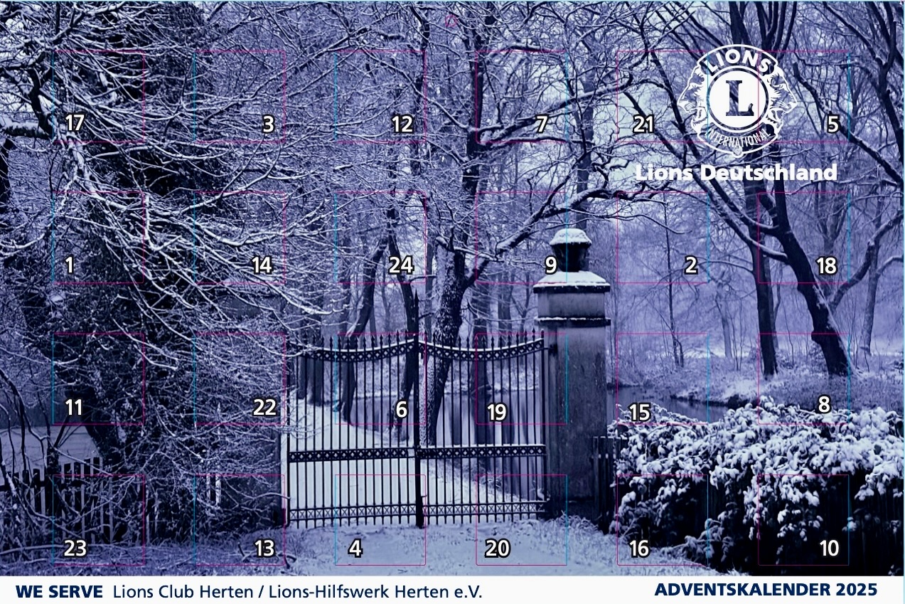 Das Foto zeigt das Motiv des diesjährigen Lions Club Herten Adventskalender. Zu sehen ist das Tor am hinteren Eingang zum Schlosspark in Westerholt an einem verschneiten Wintermorgen.