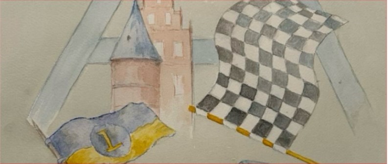 Banner Bild zeigt Startflagge, Schloss Herten sowie Teile eines Förderturms